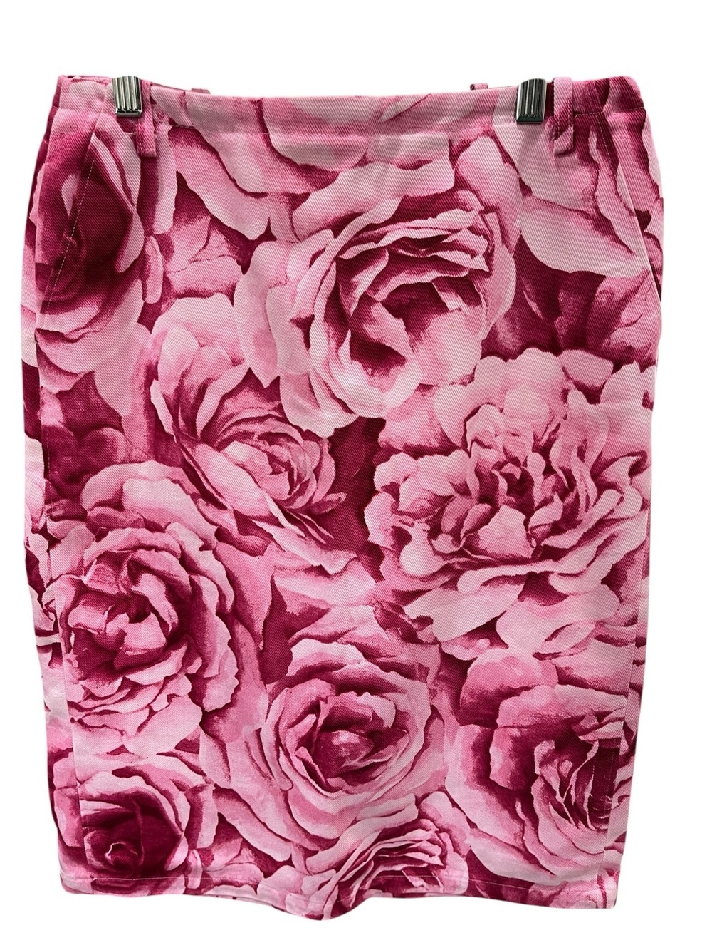 Vintage MaxMara Rose Print Floral Cotton Denim Pencil Skirt SZ 8 Pink